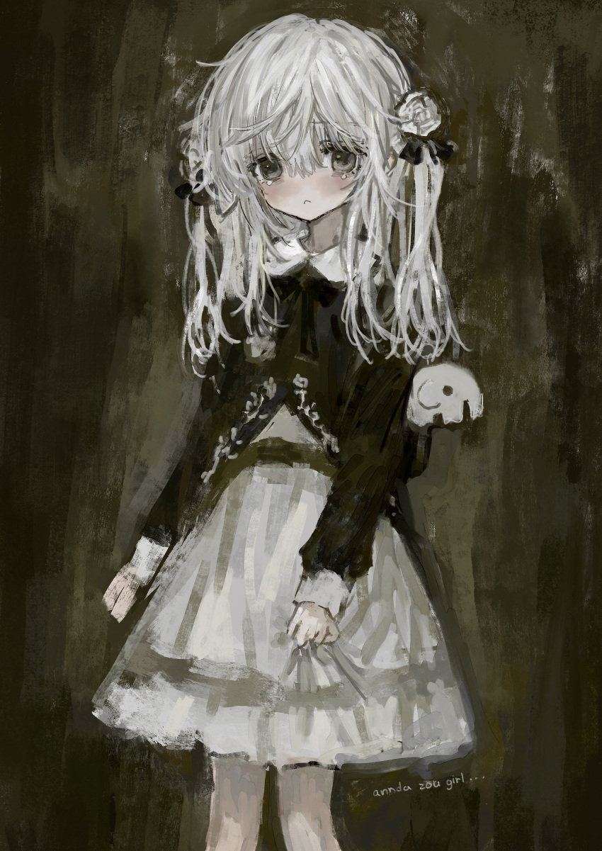1girl :&lt; absurdres backpack bag black_bow black_ribbon black_sweater blush bow closed_mouth clothes_grab collared_shirt elephant english_text feet_out_of_frame flower frown grabbing grey_hair hair_between_eyes hair_bow hair_flower hair_ornament highres keychain knees_together_feet_apart long_hair long_sleeves looking_at_viewer messy_hair neck_ribbon original painterly ribbon rose sad shirt skirt solo standing stuffed_animal stuffed_toy sweater tearing_up tears trtrttrrrrrr twintails white_flower white_hair white_rose white_shirt white_skirt white_wrist_cuffs wrist_cuffs