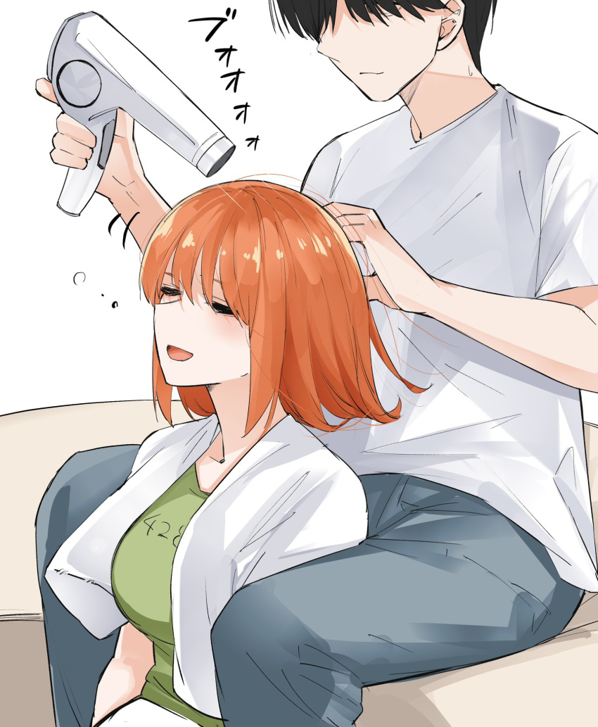1boy 1girl :d black_hair blue_pants breasts closed_eyes couple drying drying_hair eyebrows_hidden_by_hair go-toubun_no_hanayome green_shirt hair_between_eyes hair_dryer hair_focus head_out_of_frame highres holding large_breasts mame1645 nakano_yotsuba orange_hair pants shirt short_hair short_sleeves simple_background smile towel towel_around_neck uesugi_fuutarou white_background white_shirt