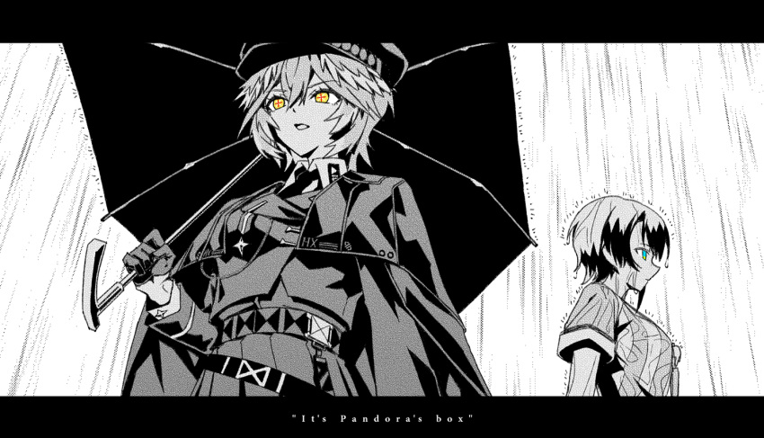 2girls alternate_costume aqua_eyes capelet closed_mouth commentary cross-shaped_pupils english_commentary english_text gloves greyscale half_gloves hand_up hat holding holding_umbrella hololive letterboxed long_sleeves looking_to_the_side military military_jacket military_uniform monochrome multiple_girls necktie oozora_subaru oozora_subaru_(1st_costume) open_mouth parody profile rain red_pupils shirt short_hair short_sleeves simple_background sin_city single_half_glove spot_color striped striped_shirt symbol-shaped_pupils taka_t takane_lui umbrella uniform upper_body vertical-striped_shirt vertical_stripes virtual_youtuber white_background yellow_eyes