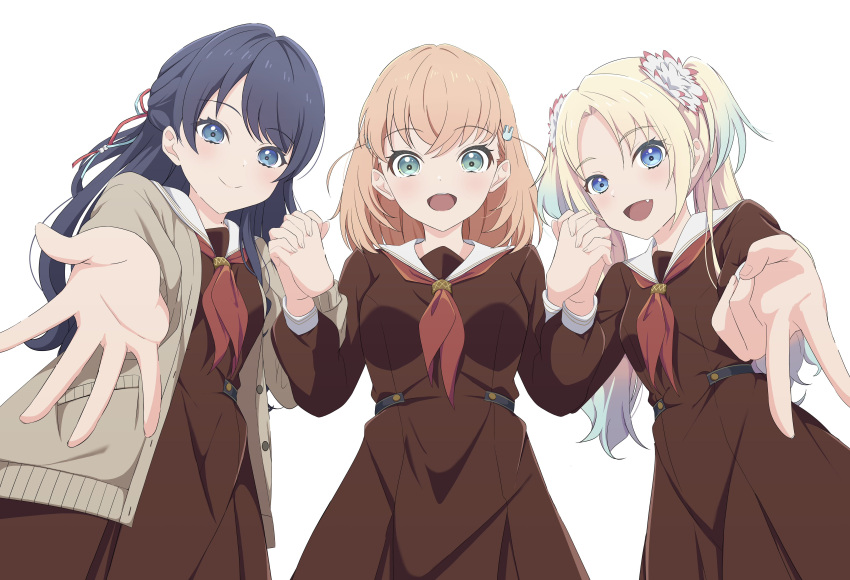 3girls 6th_live_dream_~bloom_garden_party~ absurdres aqua_eyes black_hair blue_eyes breasts brown_cardigan cardigan closed_mouth commentary_request fang fingernails flower from_below hair_flower hair_ornament hair_ribbon happy hasu_no_sanrenka hasu_no_sora_school_uniform highres hinoshita_kaho holding_hands light_blush long_hair looking_at_viewer looking_down love_live! love_live!_hasu_no_sora_jogakuin_school_idol_club medium_breasts medium_hair multicolored_hair multiple_girls murano_sayaka open_mouth orange_hair osawa_rurino rabbit_hair_ornament reaching reaching_towards_viewer ribbon school_uniform small_breasts smile teeth twintails two-tone_hair two_side_up upper_teeth_only v white_background zanpon