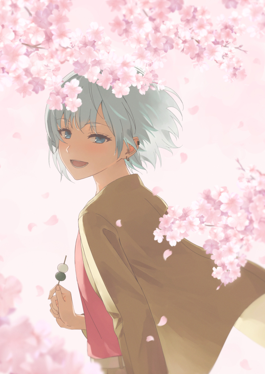 1boy 9640chikin androgynous belt blue_eyes blush brown_jacket brown_pants cherry_blossoms dango ear_piercing earrings flower food grey_belt highres jacket jewelry long_sleeves looking_at_viewer male_focus open_mouth otsuki_lin pants piercing pink_flower red_shirt shirt short_hair smile solo teeth tree uniteup! wagashi white_background white_hair