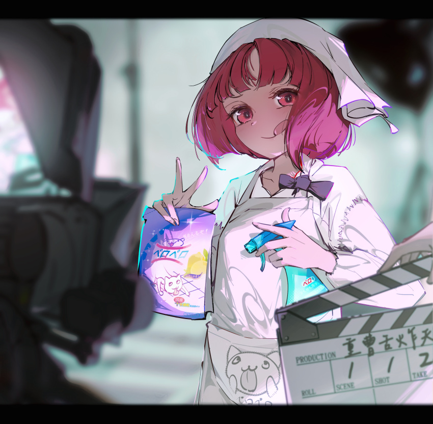 1girl absurdres apron arient5888 arima_kana blurry camera clapperboard commentary_request depth_of_field highres letterboxed oshi_no_ko red_eyes redhead shirt short_hair tongue tongue_out translation_request v white_headwear white_shirt