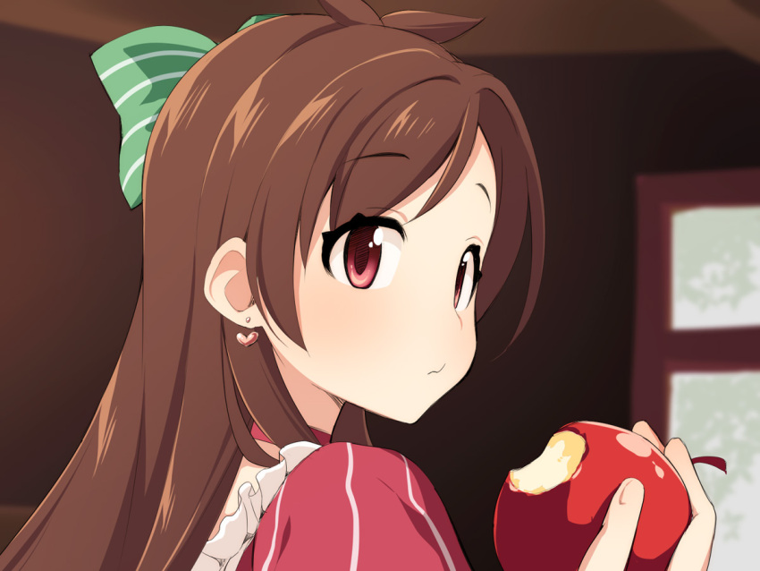 1girl apple blurry blurry_background bow brown_hair choker depth_of_field earrings food from_side fruit green_bow hair_bow hand_up heart heart_earrings holding holding_food holding_fruit idolmaster idolmaster_cinderella_girls indoors jewelry long_hair parted_bangs puffy_sleeves red_apple red_choker red_eyes red_shirt shirt solo striped striped_bow tsujino_akari uccow