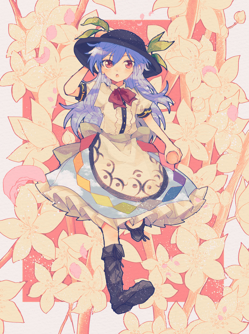 1girl black_footwear black_headwear blue_hair blue_skirt blush boots buttons center_frills flower food frilled_skirt frills fruit fruit_hat_ornament full_body hair_between_eyes hat hat_ornament highres hinanawi_tenshi holding holding_food holding_fruit itomugi-kun long_hair open_mouth peach peach_hat_ornament puffy_short_sleeves puffy_sleeves rainbow_order red_eyes shirt short_sleeves skirt solo touhou white_flower white_shirt