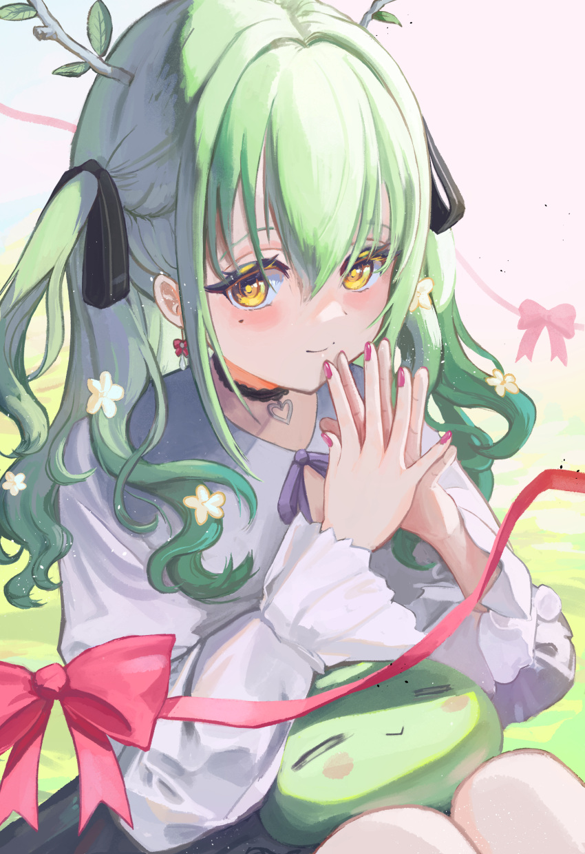 1girl absurdres besidoesart black_choker black_ribbon black_skirt ceres_fauna ceres_fauna_(3rd_costume) choker commentary creature_on_lap double-parted_bangs english_commentary fingernails green_hair hair_between_eyes hair_ribbon heart_pendant highres hololive hololive_english jirai_kei lace lace_choker long_hair long_sleeves looking_at_viewer nail_polish official_alternate_costume pendant_choker red_nails ribbon sapling_(ceres_fauna) school_uniform shirt skirt solo_focus steepled_fingers tracen_school_uniform virtual_youtuber white_shirt yellow_eyes