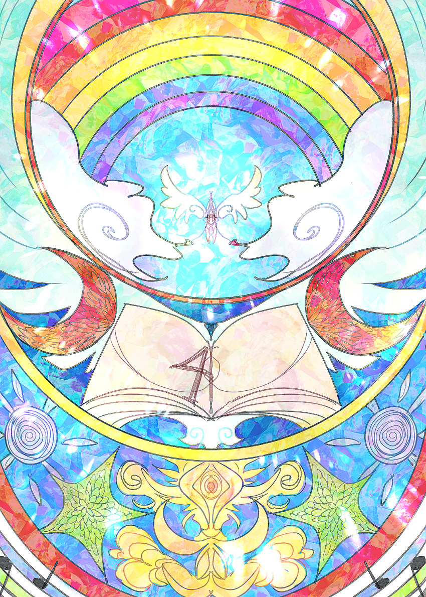 blue_sky book clouds crescent highres itomugi-kun moon musical_note no_humans open_book outdoors rainbow sky stained_glass star_(symbol) touhou wings