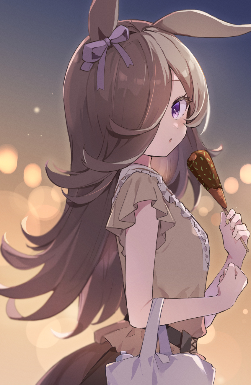 1girl :o animal_ears bag bow breasts brown_hair brown_shirt brown_skirt center_frills commentary_request ear_bow food food_request frills hair_over_one_eye hand_up highres holding holding_food horse_ears horse_girl horse_tail long_hair looking_at_viewer looking_to_the_side mola_mola parted_lips plastic_bag purple_bow rice_shower_(umamusume) shirt skirt small_breasts solo tail umamusume very_long_hair violet_eyes