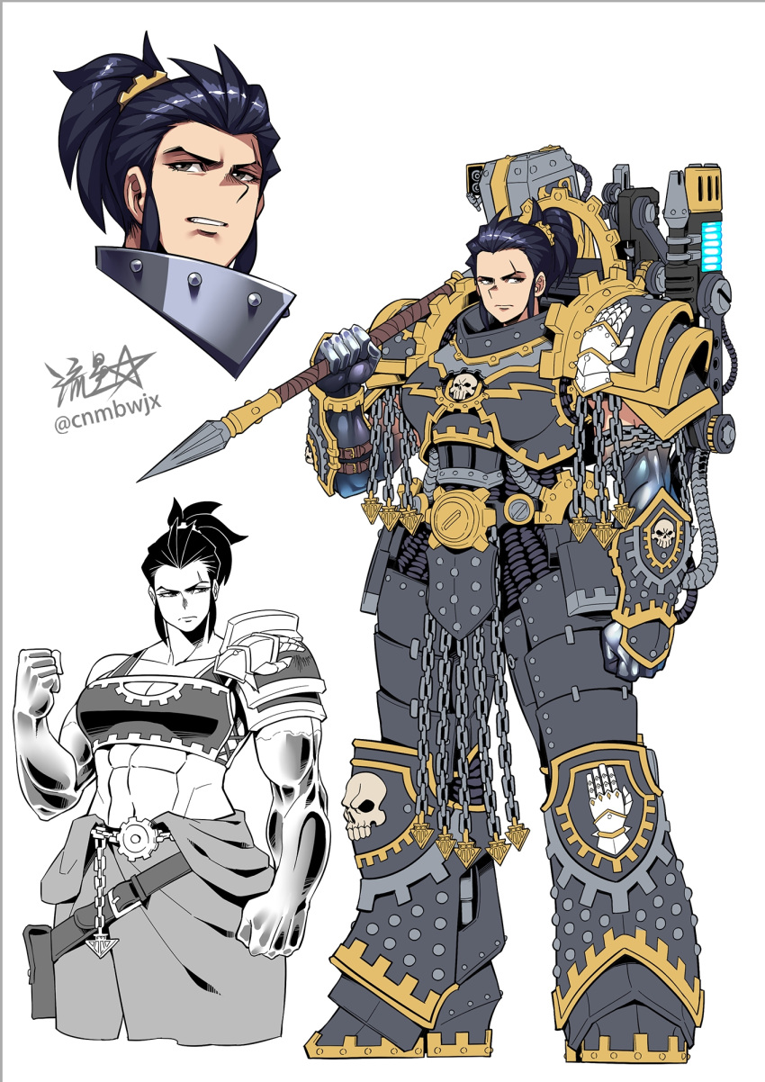 1girl armor belt black_armor black_hair breastplate breasts chain closed_mouth ferrus_manus flamethrower gauntlets genderswap genderswap_(mtf) gold_trim greaves gun highres holding holding_weapon iron_hands_(warhammer) mechanical_arms multiple_views muscular open_mouth pauldrons ponytail power_armor primarch ryuusei_(mark_ii) scar scar_on_face short_hair shoulder_armor signature skull solo teeth warhammer_40k weapon