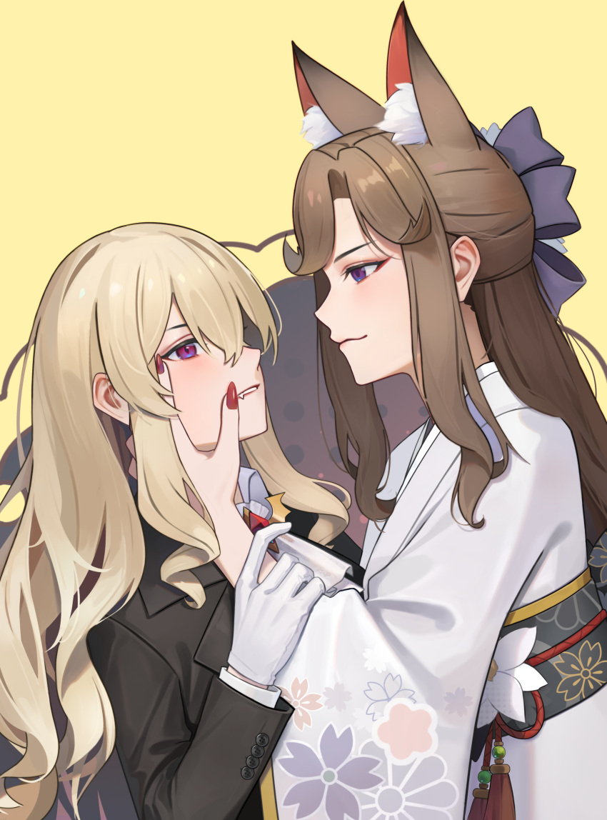 2girls absurdres animal_ear_fluff animal_ears ascot black_jacket black_suit blonde_hair brown_hair buttons chinese_commentary closed_mouth commentary_request eye_contact face-to-face fang fang_out fingernails floral_print flower formal fox_ears from_side gloves guyijun hair_between_eyes hair_ornament hair_ribbon half_updo hand_on_another's_arm hand_on_another's_cheek hand_on_another's_face hand_up highres jacket japanese_clothes kemonomimi_mode kimono light_smile long_fingernails long_hair long_sleeves looking_at_another multiple_girls nail_polish obi obijime parted_lips pink_eyes print_kimono profile red_nails ribbon saijou_claudine sakuramon sash shoujo_kageki_revue_starlight sidelocks suit tassel tendou_maya upper_body violet_eyes wavy_hair white_ascot white_flower white_gloves white_kimono wide_sleeves yellow_background yuri