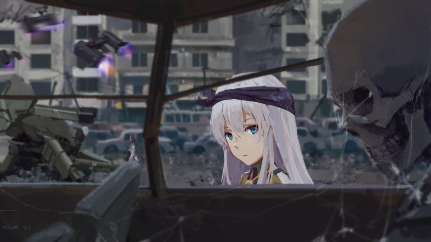 2girls bandana black_bandana blue_eyes blurry building car commentary_request depth_of_field drone expressionless girls_frontline grey_hair highres hydra_(girls'_frontline) long_hair looking_at_viewer motor_vehicle multiple_girls outdoors ruins silk skeleton spider_web super_sass_(girls'_frontline) upper_body viscum xm3_(girls'_frontline)