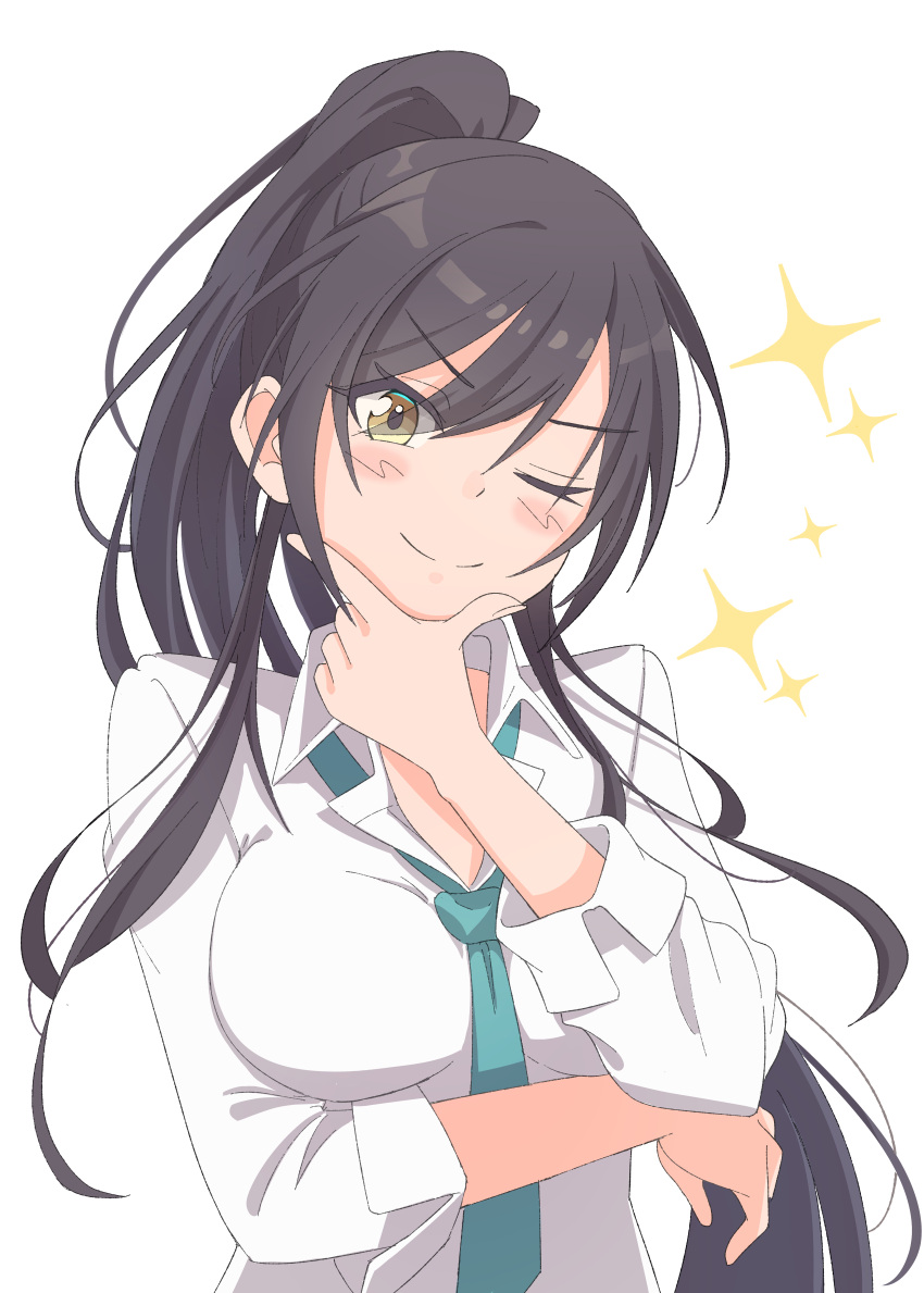 1girl absurdres arm_under_breasts black_hair blush breasts closed_mouth dot_nose doyagao eito12 finger_to_own_chin green_necktie hair_between_eyes hand_up high_ponytail highres idolmaster idolmaster_shiny_colors large_breasts long_hair long_sleeves looking_at_viewer necktie one_eye_closed ponytail school_uniform shirase_sakuya shirt simple_background smile smug solo sparkle upper_body v-shaped_eyebrows white_background white_shirt yellow_eyes