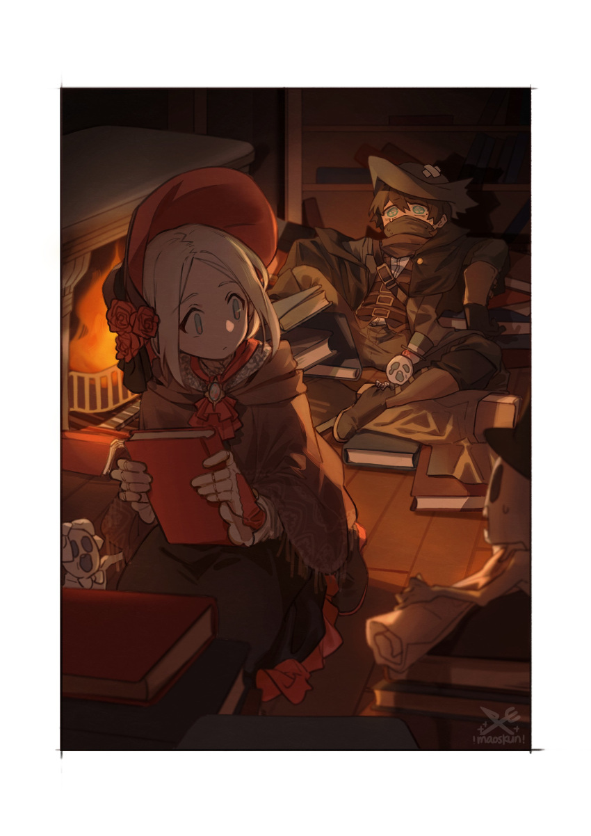 1girl absurdres ascot bloodborne blue_eyes bonnet book brown_cloak cloak doll doll_joints fireplace flower hat hat_flower highres hunter_(bloodborne) joints maou_skun plain_doll red_ascot rose swept_bangs too_many too_many_books tricorne white_hair