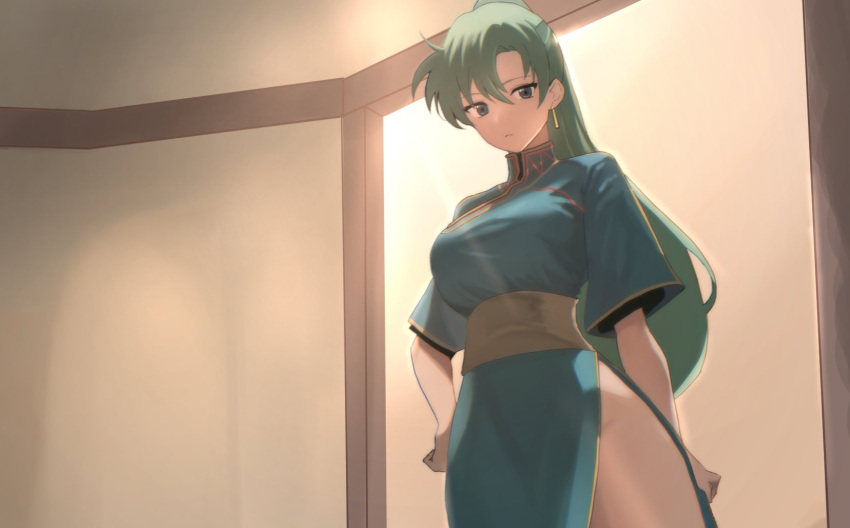 1girl ahonoko black_shirt blue_dress breasts collared_dress cowboy_shot dress earrings fire_emblem fire_emblem:_the_blazing_blade green_eyes green_hair high_ponytail highres indoors jewelry large_breasts light_rays long_hair looking_at_viewer looking_down lyn_(fire_emblem) pelvic_curtain ponytail shirt short_sleeves side_slit solo very_long_hair