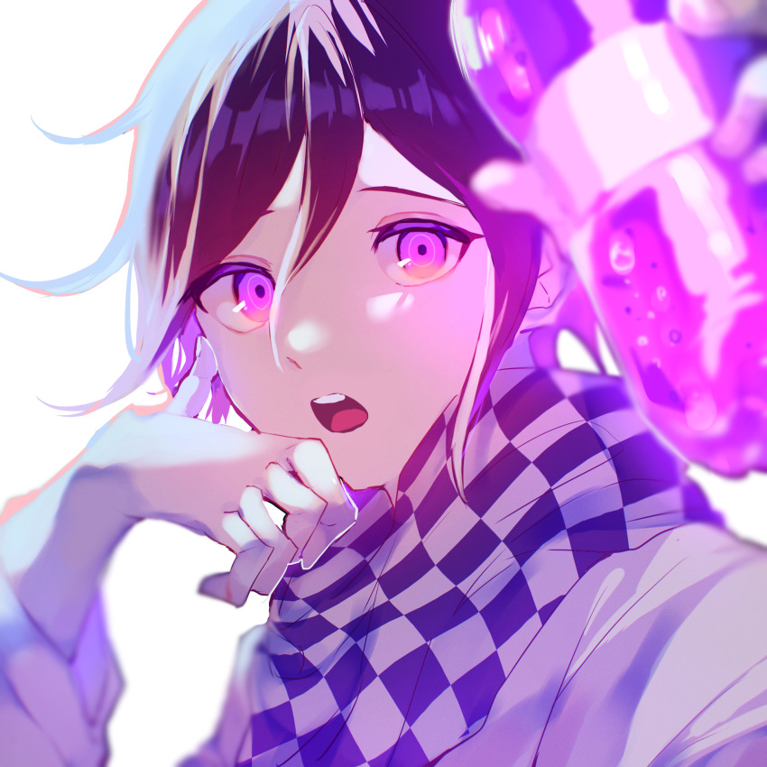 1boy :o ayacho_mato bottle checkered_clothes checkered_scarf danganronpa_(series) danganronpa_v3:_killing_harmony fanta grey_jacket hair_between_eyes hand_on_own_chin hands_up highres holding holding_bottle jacket looking_at_viewer male_focus ouma_kokichi pink_eyes pink_hair purple_hair scarf simple_background solo teeth white_background