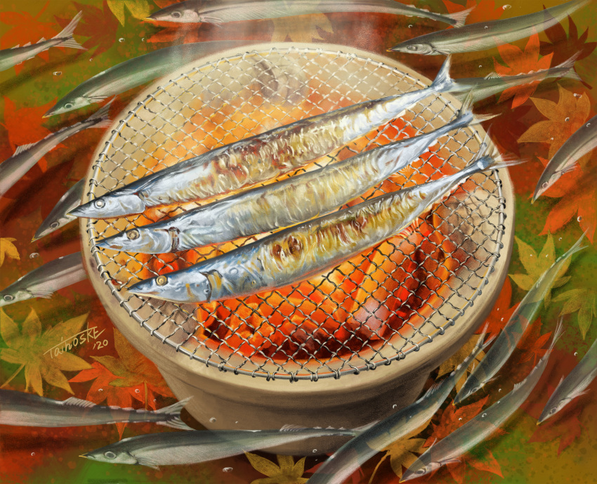 absurdres autumn_leaves cooking dated fish food food_focus grill highres leaf no_humans original saury shichirin signature steam tainosuke