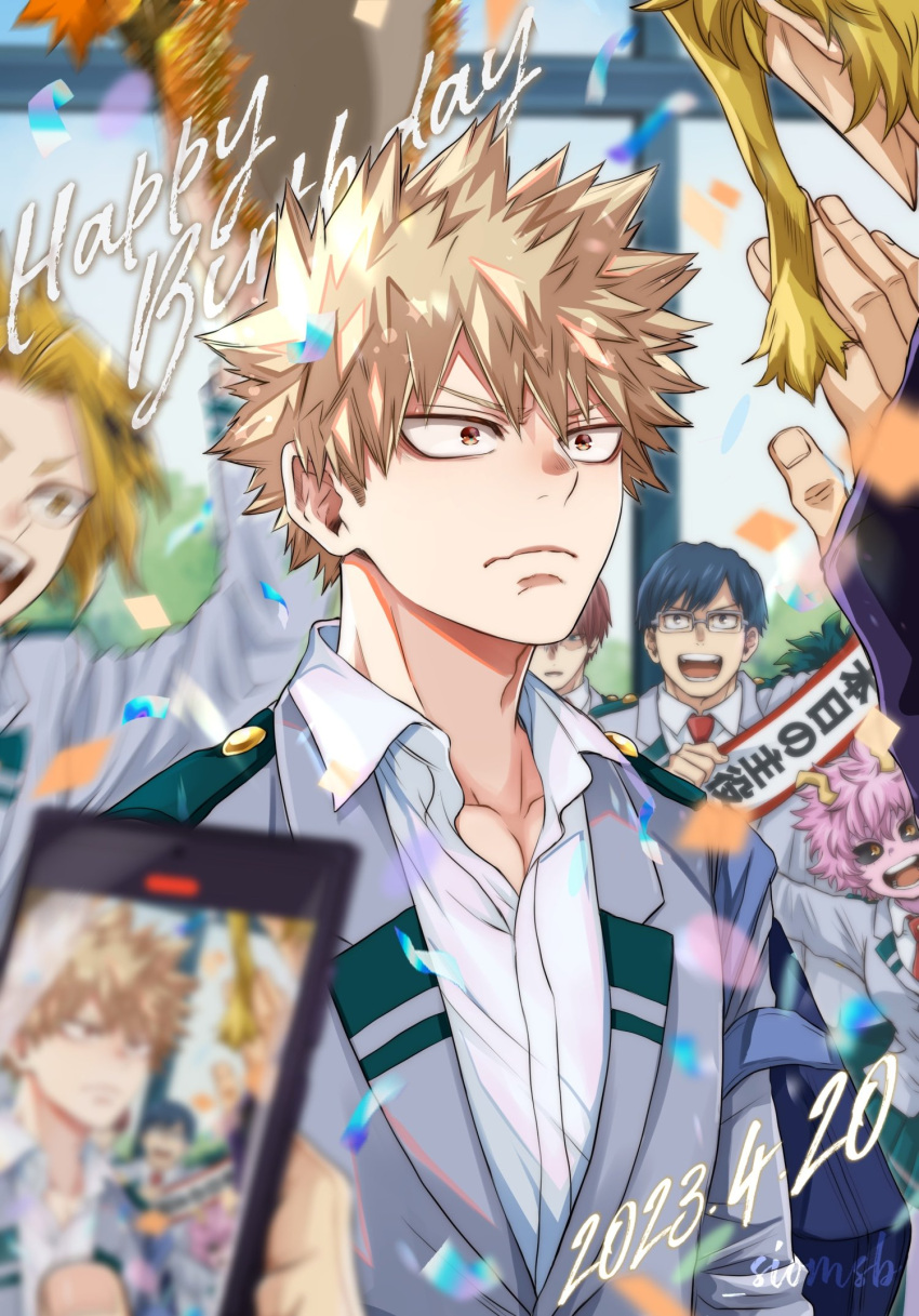 1girl 6+boys :d arm_up artist_name ashido_mina bakugou_katsuki black_sclera blazer blonde_hair blue_hair blurry blurry_foreground boku_no_hero_academia burn_scar cellphone character_request closed_mouth collarbone collared_shirt colored_sclera colored_skin commentary_request confetti dark_blue_hair dated day depth_of_field english_commentary frown glasses green_skirt grey_jacket hair_between_eyes hand_up happy_birthday highres iida_tenya indoors jacket kaminari_denki lapels long_sleeves looking_at_another male_focus midoriya_izuku mixed-language_commentary motion_blur multiple_boys necktie open_mouth parted_bangs phone phone_screen pink_hair pink_skin rectangular_eyewear red_eyes red_necktie redhead salt_-_siomsb scar scar_on_face school_uniform shirt signature skirt smartphone smile spiky_hair teeth todoroki_shouto tongue u.a._school_uniform upper_body v-shaped_eyebrows white_shirt window wing_collar yellow_eyes