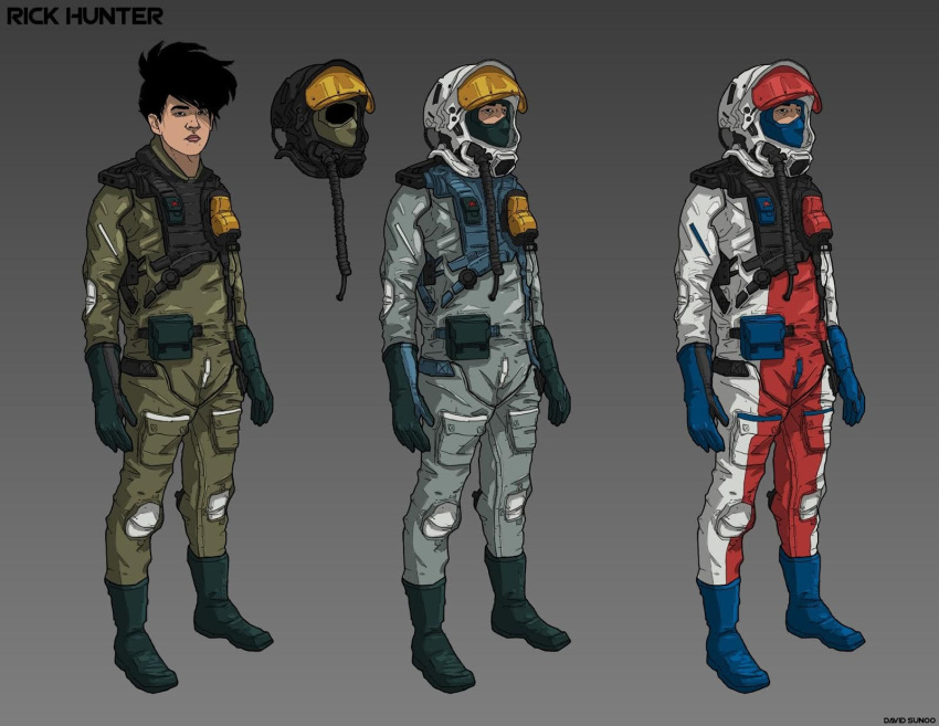 3boys black_hair boots character_name choujikuu_yousai_macross cold_war concept_art dsunoo english_commentary english_text gloves headwear_removed helmet helmet_removed highres ichijou_hikaru macross multiple_boys oxygen_mask pilot_suit real_life rick_hunter robotech science_fiction signature spacesuit u.n._spacy vest western_comics_(style)