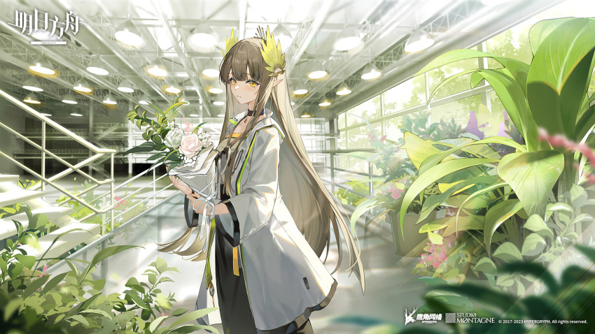 1girl arknights black_choker black_skirt bouquet ceiling_light choker closed_mouth coat commentary_request copyright_name feet_out_of_frame flower grey_shirt highres holding holding_bouquet indoors kuuus laurels light_brown_hair long_hair long_sleeves looking_at_viewer mole mole_under_eye muelsyse_(arknights) open_labcoat pink_flower pink_rose plant pointy_ears railing rose shirt skirt solo stairs very_long_hair white_coat white_flower white_rose wide_shot