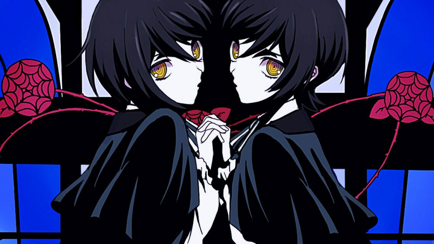 2boys black_capelet black_hair blue_background brothers capelet closed_mouth flower holding_hands long_sleeves looking_at_viewer mahoutsukai_no_yakusoku multiple_boys red_flower red_rose rose shirt siblings snow_(mahoutsukai_no_yakusoku) stained_glass twins white_(mahoutsukai_no_yakusoku) white_shirt yellow_eyes yukinotihare