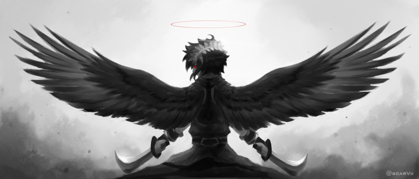 1boy absurdres angel angel_wings dark_pit dual_wielding feathered_wings from_behind halo highres holding kid_icarus kid_icarus_uprising laurel_crown looking_at_viewer looking_back male_focus red_eyes red_halo scarvii solo spot_color twitter_username upper_body wings