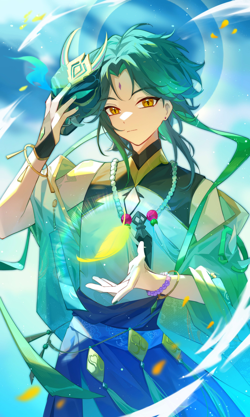 1boy absurdres bead_necklace beads genshin_impact green_hair highres holding holding_mask jewelry male_focus mask multicolored_hair necklace solo suzushi tassel tattoo xiao_(genshin_impact) yellow_eyes
