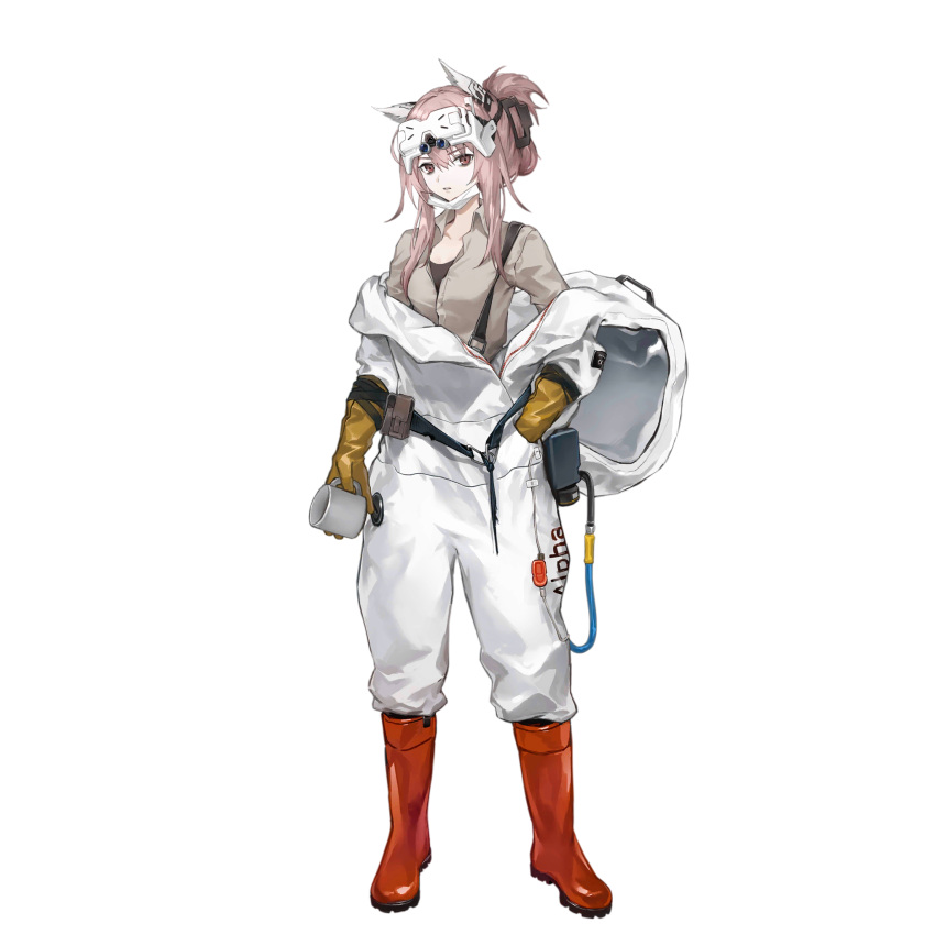 1girl animal_ears artist_request bags_under_eyes black_undershirt boots brown_shirt cat_ears coffee_mug cup folded_ponytail full_body girls_frontline gloves hair_between_eyes hair_ornament hairclip hand_in_pocket hazmat_suit head-mounted_display highres holding holding_cup long_hair looking_at_viewer mask mask_pull mouth_mask mug non-web_source object_request off_shoulder official_alternate_costume official_art parted_lips partially_unbuttoned persica_(girls'_frontline) pink_hair pouch red_eyes red_footwear rubber_boots rubber_gloves scientist shirt sidelocks solo strap transparent_background unzipped yellow_gloves