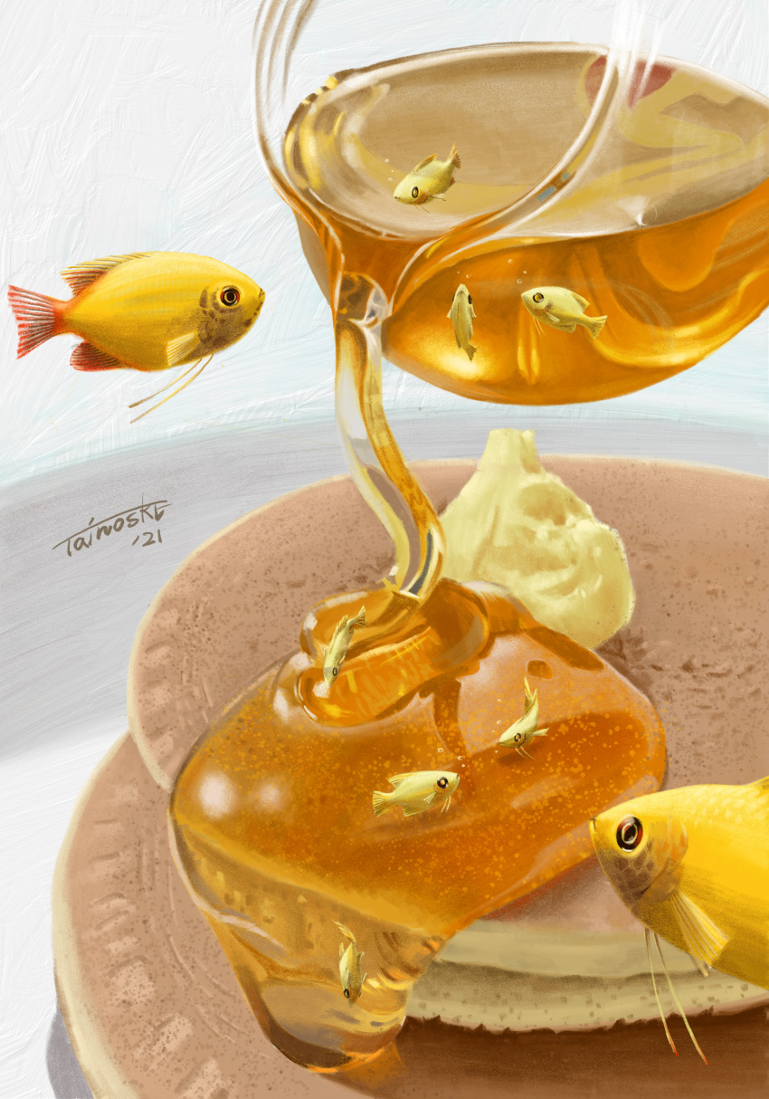 absurdres animal_focus butter dated fish food food_focus gourami highres honey no_humans original pancake pancake_stack pouring signature surreal tainosuke