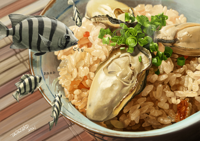 absurdres animal_focus bowl chives dated fish food food_focus highres no_humans original oyster rice shadow signature steam surreal tainosuke translation_request