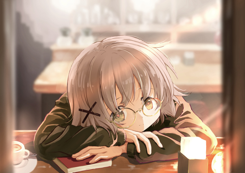 1girl bespectacled blurry blurry_background book brown_hair brown_sweater cafe counter crossed_arms cup drink expressionless glasses hair_ornament head_on_table hidamari_sketch highres looking_at_viewer percy_pyl round_eyewear short_hair solo sweater tea teacup x_hair_ornament yuno_(hidamari_sketch)