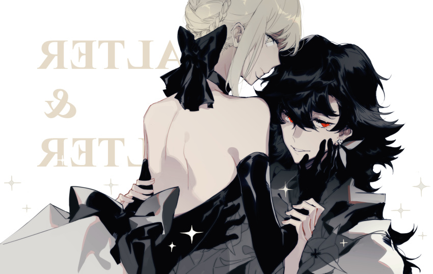 1boy 1girl argon_(caocaocaocaocao) artoria_pendragon_(fate) bare_back bare_shoulders black_bow black_dress black_gloves black_hair blonde_hair bow braid braided_bun choker dark_persona dress earrings english_text fate/grand_order fate_(series) french_braid gloves green_eyes hair_between_eyes hair_bun hand_on_another's_face highres jewelry long_hair looking_at_viewer lying lying_on_person merlin_(fate) red_eyes saber_alter smile sparkle upper_body white_background