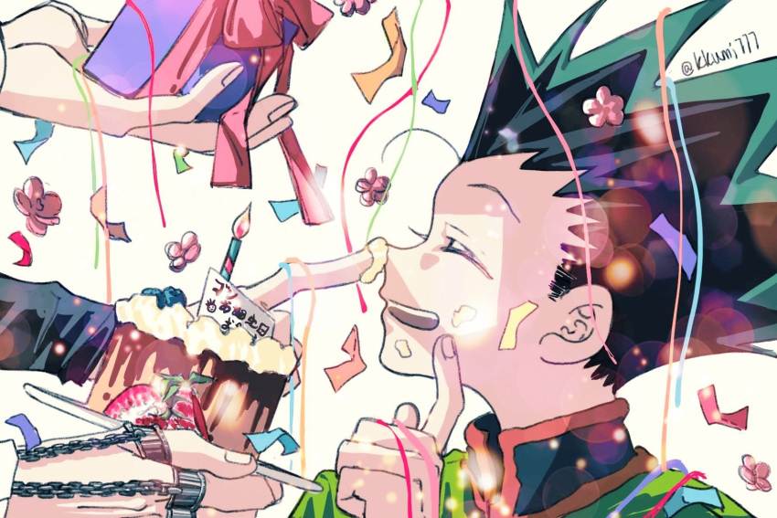 4boys :d ^_^ birthday birthday_cake black_hair box cake chain closed_eyes confetti cream cream_on_face finger_on_nose flower food food_on_face from_side gift gift_box gon_freecss green_hair green_jacket highres holding holding_gift holding_plate hunter_x_hunter jacket killua_zoldyck kkumi777 kurapika leorio_paladiknight long_sleeves male_focus multicolored_hair multiple_boys plate short_hair simple_background smile solo_focus spiky_hair twitter_username two-tone_hair white_background