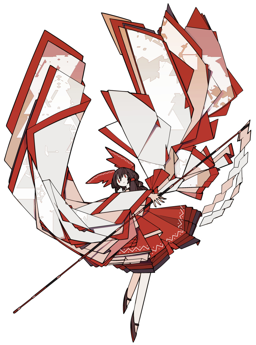 1girl absurdres black_footwear bow brown_hair closed_mouth cubism expressionless full_body gohei hair_bow hair_tubes hakurei_reimu harano_kaguyama highres holding holding_gohei nontraditional_miko oversized_object red_bow red_eyes red_skirt simple_background skirt solo standing touhou very_long_sleeves white_background wide_sleeves