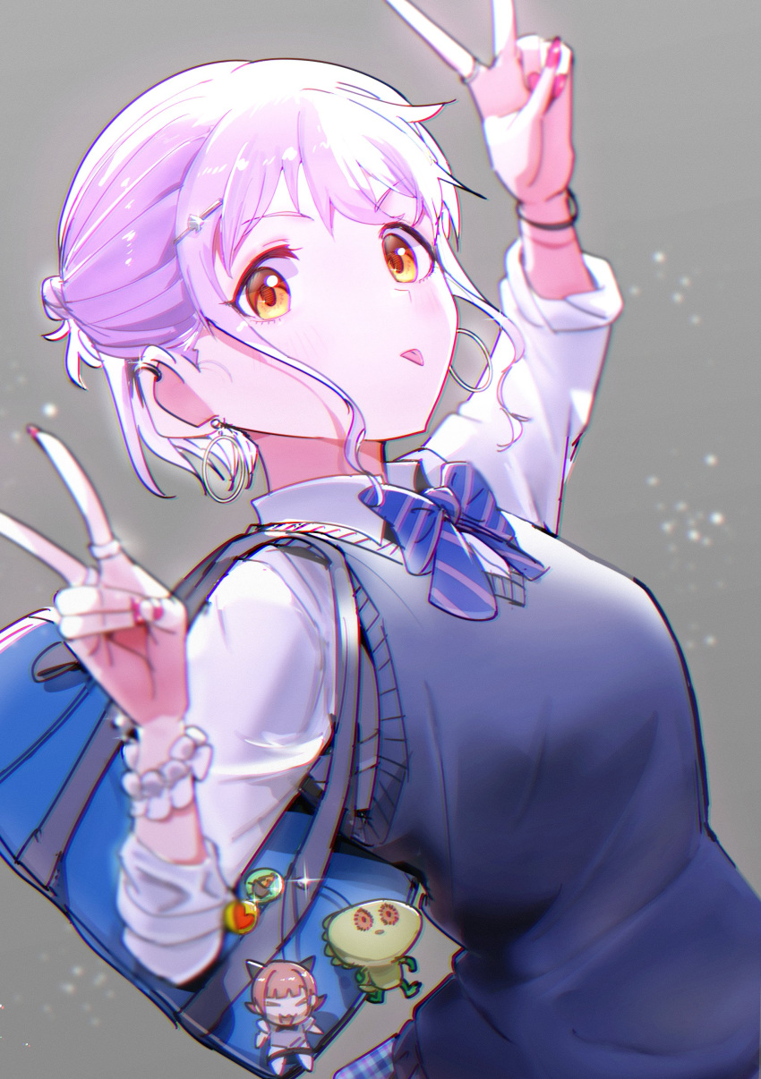 1girl absurdres bag_charm bow bowtie charm_(object) double_v ear_piercing earrings grey_background hair_ornament hairclip highres hoop_earrings idolmaster idolmaster_million_live! jewelry long_sleeves looking_at_viewer makabe_mizuki nail_polish ogasawara piercing purple_hair red_nails school_uniform shirt short_hair solo sweater_vest tongue tongue_out upper_body v white_shirt yellow_eyes