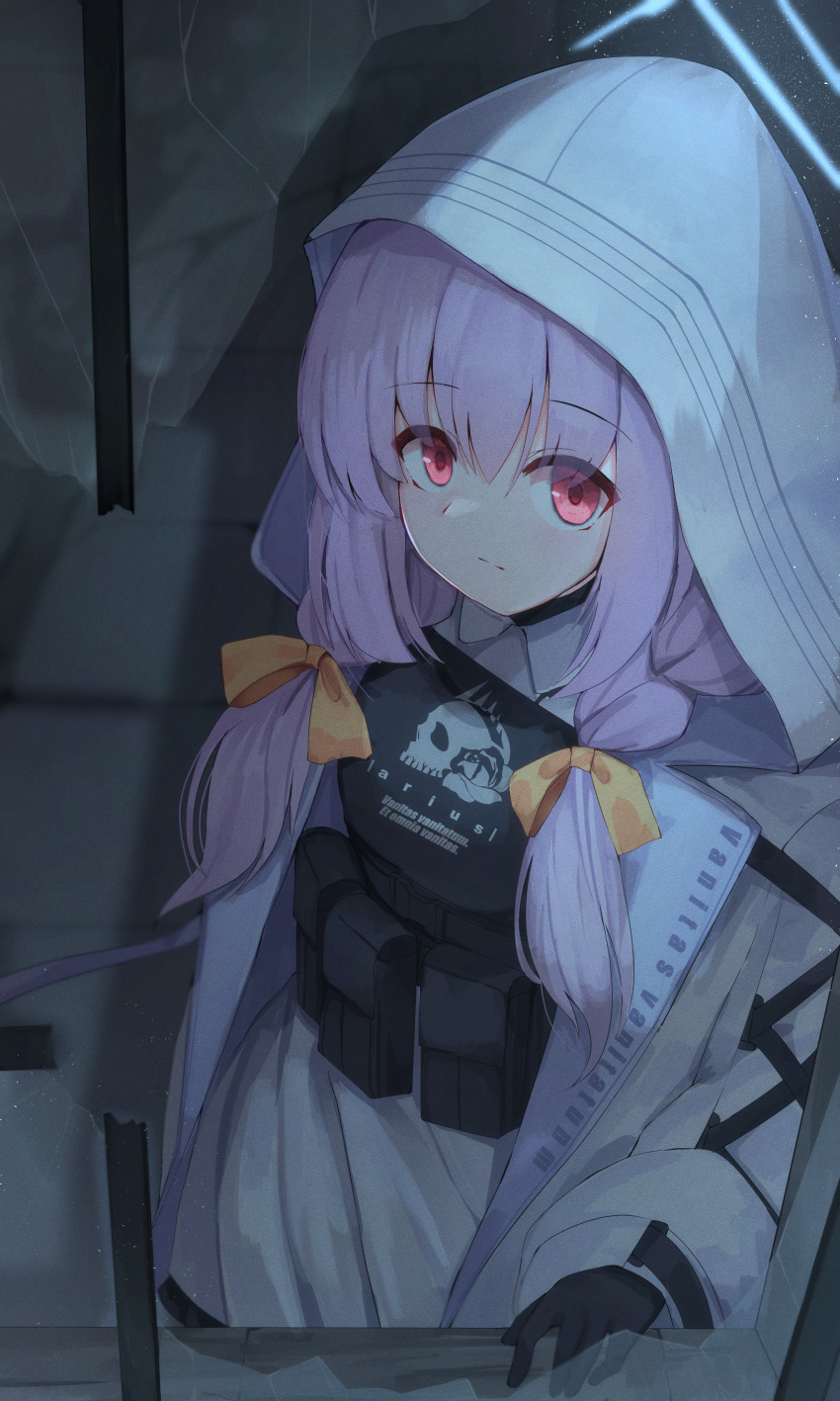 1girl absurdres atsuko_(blue_archive) black_gloves black_vest blue_archive bulletproof_vest gloves halo highres hood hoodie jacket long_hair looking_at_viewer nodoameyatou ribbon solo vest white_hoodie white_jacket yellow_ribbon