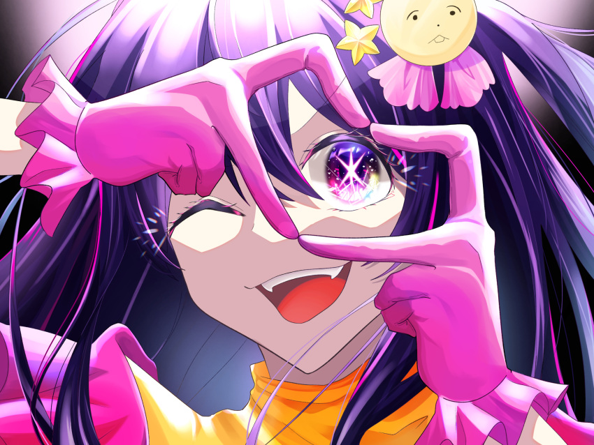 1girl commentary_request dress eye_focus frilled_dress frilled_gloves frills gloves hair_ornament heart heart_hands highres hoshino_ai_(oshi_no_ko) idol long_hair multicolored_eyes one_eye_closed one_side_up open_mouth oshi_no_ko pink_dress pink_gloves purple_hair rabbit_hair_ornament sidelocks solo star-shaped_pupils star_(symbol) star_hair_ornament symbol-shaped_pupils teeth turtleneck_dress user_zmke5455 violet_eyes