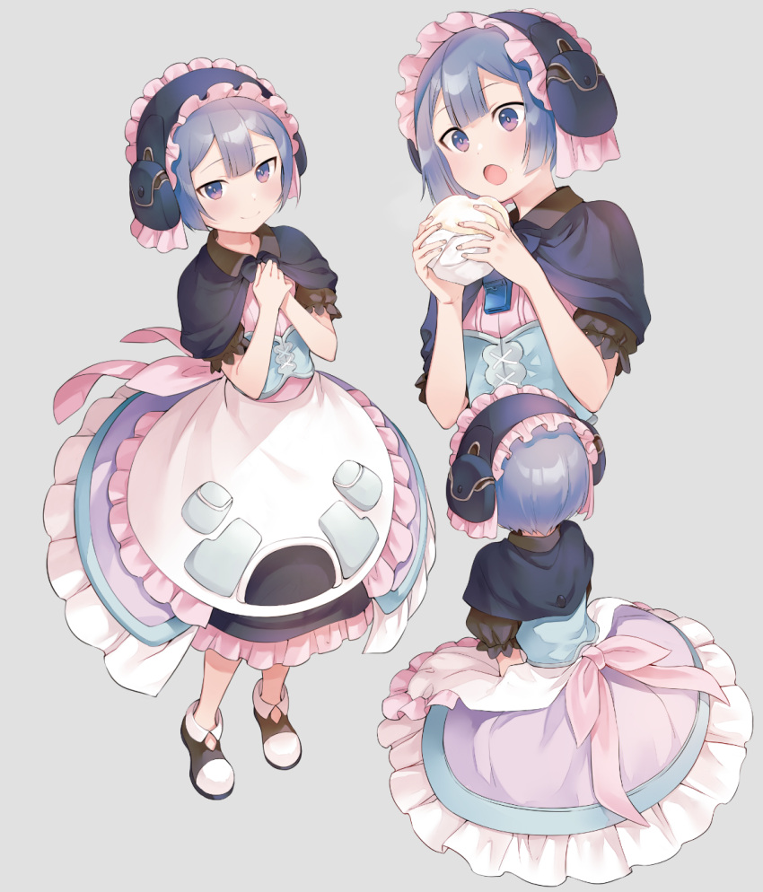 1boy :o blue_hair capelet dress e_(eokiba) food frills from_behind hairband hands_on_own_chest highres holding holding_food lolita_hairband made_in_abyss maruruk no_socks open_mouth otoko_no_ko own_hands_together puffy_short_sleeves puffy_sleeves shoes short_hair short_sleeves simple_background smile violet_eyes whistle whistle_around_neck