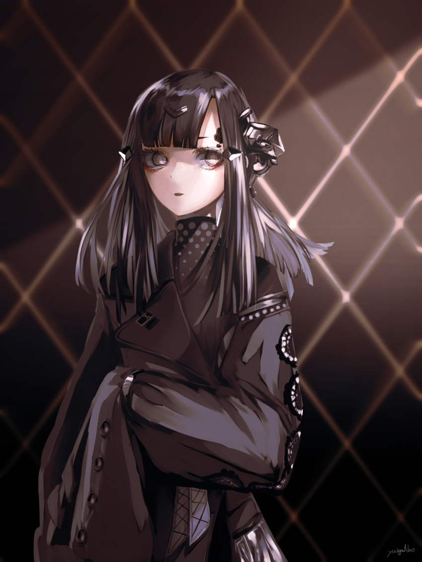 1girl black_dress black_hair black_lips dress expressionless girls_frontline grey_eyes headgear highres long_hair long_sleeves looking_to_the_side mercurows_(girls'_frontline) nyto_(girls'_frontline) paradeus sideways_glance signature sleeves_past_fingers sleeves_past_wrists solo upper_body yuiga_nao