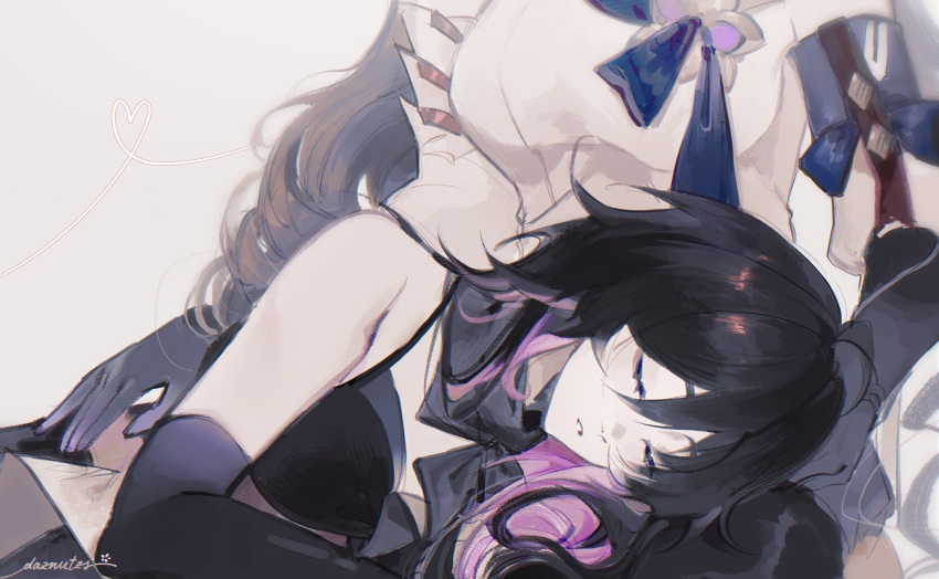 2girls ahoge alternate_hair_color bare_shoulders black_hair breasts bronya_rand closed_mouth daznutzs grey_hair head_out_of_frame highres honkai:_star_rail honkai_(series) lap_pillow large_breasts long_hair lying multiple_girls parted_lips pink_hair seele_(honkai:_star_rail) simple_background upper_body white_background yuri