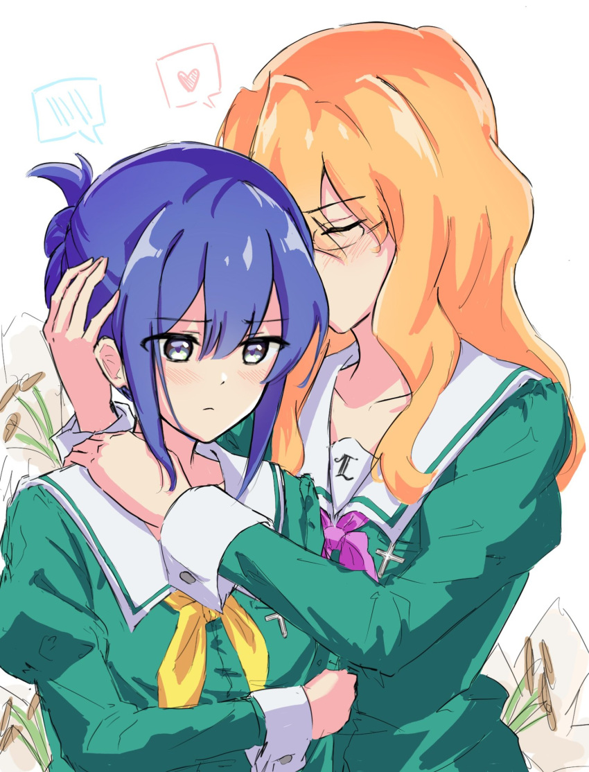 2girls aracari blue_hair buttoned_cuffs chibana_sumika closed_eyes closed_mouth double-parted_bangs embarrassed folded_ponytail glasses green_shirt hair_between_eyes hand_on_another's_head hand_on_another's_shoulder heart highres holding_own_arm hug juliet_sleeves kissing_hair liebe_girls_academy_school_uniform light_blush long_hair long_sleeves mamiya_kanoko medium_hair multiple_girls neckerchief orange_hair puffy_sleeves purple_neckerchief sailor_collar school_uniform shirt sidelocks simple_background spoken_blush spoken_heart upper_body watashi_no_yuri_wa_oshigoto_desu! wavy_hair white_background white_sailor_collar yellow_neckerchief yuri