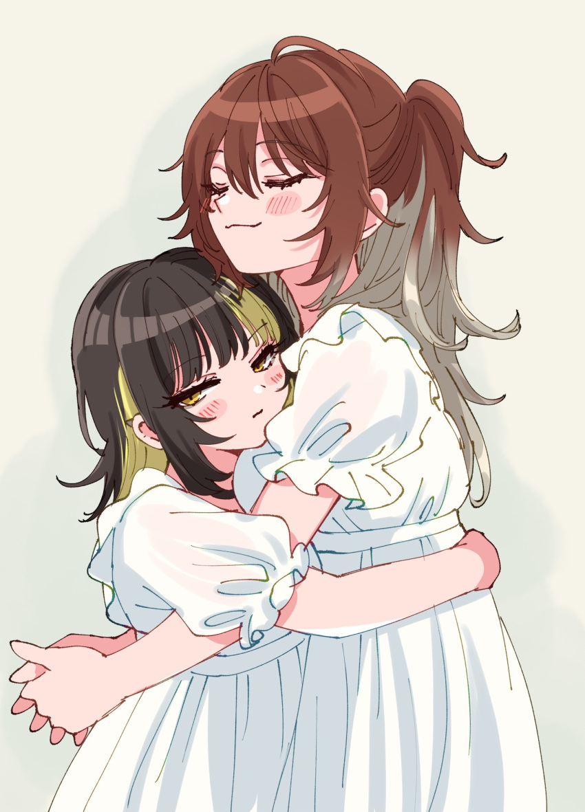 2girls aketa_mikoto black_hair blonde_hair blush_stickers brown_hair closed_eyes closed_mouth colored_inner_hair cowboy_shot dress embarrassed facing_another frilled_dress frills from_side gradient_hair grey_background grey_hair half-closed_eyes half_updo height_difference highres hug idolmaster idolmaster_shiny_colors ikaruga_luca interlocked_fingers long_hair looking_to_the_side medium_hair multicolored_hair multiple_girls mutual_hug own_hands_together puffy_short_sleeves puffy_sleeves saito_katuo short_sleeves sidelocks simple_background smile white_dress yellow_eyes