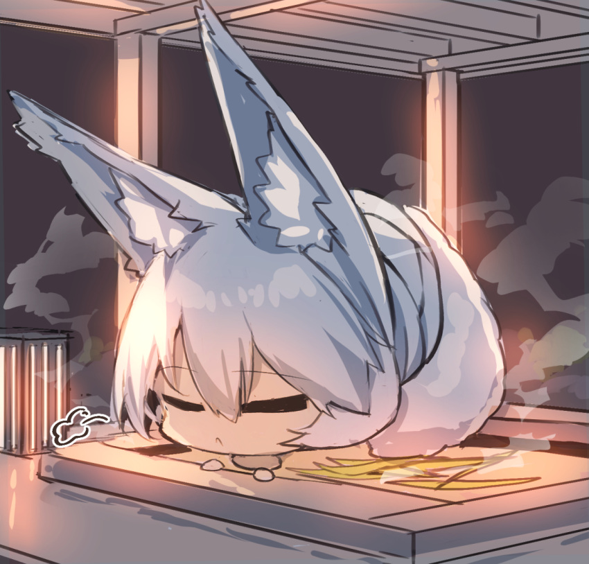 1girl animal_ear_fluff animal_ears chibi closed_eyes commentary_request fox_ears fox_girl fox_tail grey_hair hair_between_eyes night nude onsen original outdoors parted_lips partially_submerged solo steam tail water yuuji_(yukimimi)