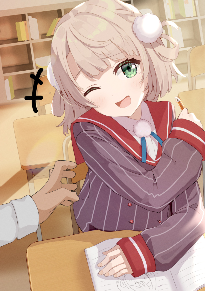 +++ 1boy 1girl arm_rest blonde_hair blue_ribbon blunt_bangs book chair classroom day desk green_eyes grey_jacket hair_ornament hair_rings hand_up highres holding holding_pen indie_virtual_youtuber indoors jacket long_sleeves looking_at_viewer neck_ribbon on_chair one_eye_closed open_book open_mouth pen pom_pom_(clothes) pom_pom_hair_ornament pov pov_hands red_sailor_collar ribbon sailor_collar school_chair school_desk school_uniform shigure_ui_(vtuber) shirt short_hair sitting smile solo_focus striped striped_jacket taachika tickling vertical-striped_jacket vertical_stripes virtual_youtuber white_shirt
