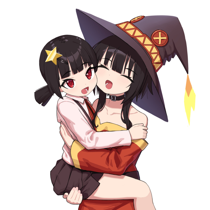 2girls absurdres belt_collar black_collar black_hair blunt_bangs brown_skirt button_eyes carrying child_carry closed_eyes collar collarbone collared_shirt cromachina dress feet_out_of_frame hair_ornament hairclip hat highres komekko kono_subarashii_sekai_ni_shukufuku_wo! long_sleeves lower_teeth_only megumin multiple_girls open_mouth pink_shirt pleated_skirt red_dress red_eyes shirt short_hair short_hair_with_long_locks sidelocks simple_background skirt star_(symbol) star_hair_ornament strapless strapless_dress suspender_skirt suspenders teeth twintails white_background witch_hat