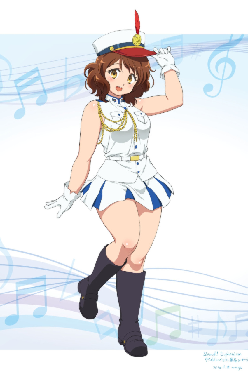 1girl aiguillette alternate_body_size arm_up beamed_eighth_notes beamed_sixteenth_notes belt black_footwear boot_straps boots breast_pocket brown_eyes brown_hair buttons dated derivative_work eighth_note flat_sign gloves hat hat_tip hibike!_euphonium highres knees_together_feet_apart looking_at_viewer mage_(harumagedon) military_hat musical_note natural_sign open_mouth oumae_kumiko paid_reward_available pocket sharp_sign sheet_music short_hair skirt sleeveless solo staff_(music) standing standing_on_one_leg thick_thighs thighs treble_clef wide_hips