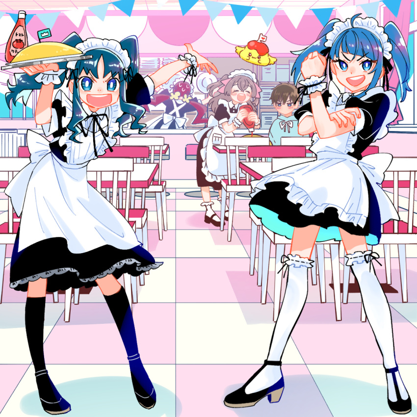 1boy 4girls alternate_costume alternate_hairstyle apron arm_up blue_eyes blue_hair brown_hair chair checkered_floor contrapposto delicious_party_precure enmaided excited flats food hair_ribbon hanasaki_tsubomi heartcatch_precure! hirogaru_sky!_precure in-franchise_crossover ketchup kneehighs kurumi_erika lace-trimmed_legwear lace_trim long_hair maid maid_apron maid_headdress mary_janes monster_rally multiple_girls nagomi_yui omelet omurice open_mouth outstretched_arm pink_hair precure restaurant ribbon shinada_takumi shoes short_hair skirt socks sora_harewataru table thigh-highs tray twintails