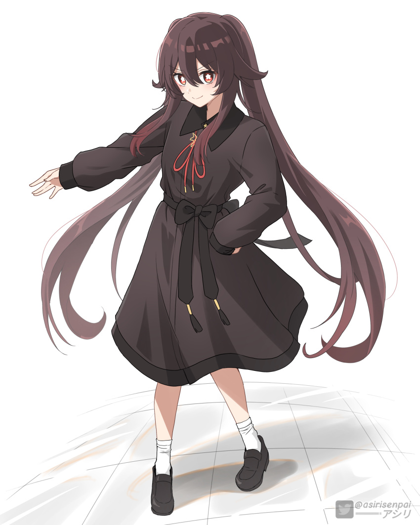 1girl absurdres adapted_costume alternate_costume artist_name asiri_senpai black_dress black_footwear black_sash bow brown_dress brown_eyes collared_dress commentary commentary_request dress flower-shaped_pupils full_body genshin_impact hand_on_own_hip highres hu_tao_(genshin_impact) loafers long_hair long_sleeves looking_at_viewer no_headwear red_eyes sash shadow shoes simple_background smile socks solo standing symbol-shaped_pupils twintails twitter_logo very_long_hair white_background white_socks