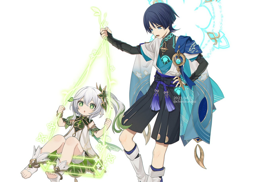 1boy 1girl artist_name bare_shoulders belt black_belt black_bow black_gloves black_shirt black_shorts black_socks blue_cape blue_eyes blue_gemstone blue_hair blunt_ends blush bow bracelet cape chinikuniku covered_collarbone cross-shaped_pupils dated detached_sleeves dress eyeshadow fingerless_gloves fingernails gem genshin_impact gloves gold_bracelet gold_trim gradient_hair green_cape green_eyes green_hair grey_hair hair_between_eyes hair_ornament hand_on_own_hip hand_up hands_up heart heart_hair_ornament jewelry leaf leaf_hair_ornament leg_up leg_warmers long_hair looking_at_another looking_down looking_to_the_side makeup mandarin_collar multicolored_hair nahida_(genshin_impact) no_headwear open_clothes open_mouth open_vest pointy_ears pom_pom_(clothes) ponytail purple_belt red_eyeshadow ring scaramouche_(genshin_impact) shirt short_hair short_sleeves shorts side_ponytail sidelocks simple_background sitting sleeveless sleeveless_shirt socks standing standing_on_one_leg swing symbol-shaped_pupils tassel teeth tongue vest vision_(genshin_impact) wanderer_(genshin_impact) watermark white_background white_dress white_socks white_vest