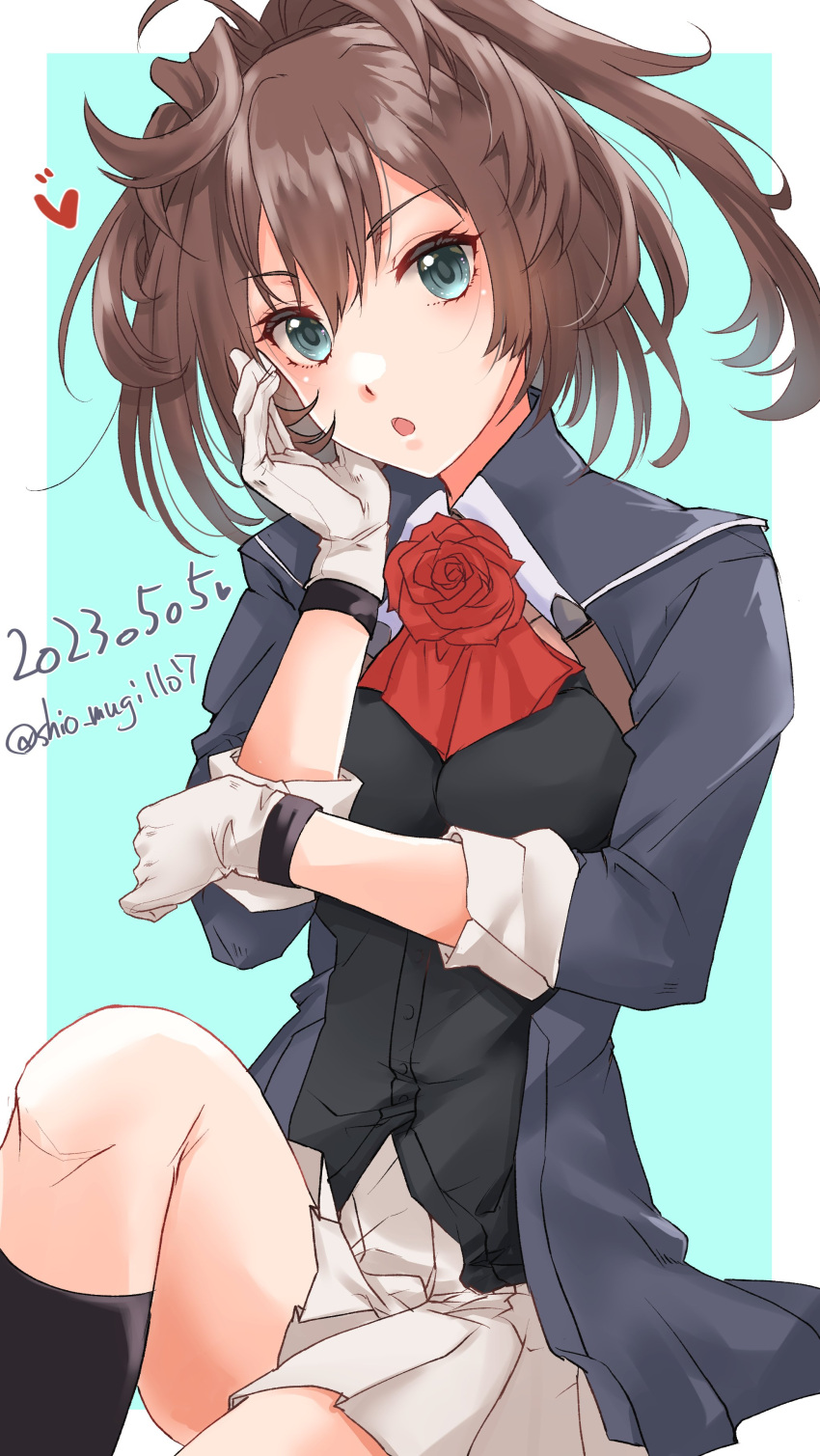 1girl absurdres ascot black_socks blue_eyes border brown_hair buttons dated gloves hair_between_eyes heart highres kantai_collection kneehighs medium_hair one-hour_drawing_challenge open_mouth pleated_skirt red_ascot sheffield_(kancolle) shio_mugi1107 skirt socks solo twitter_username white_border white_gloves white_skirt