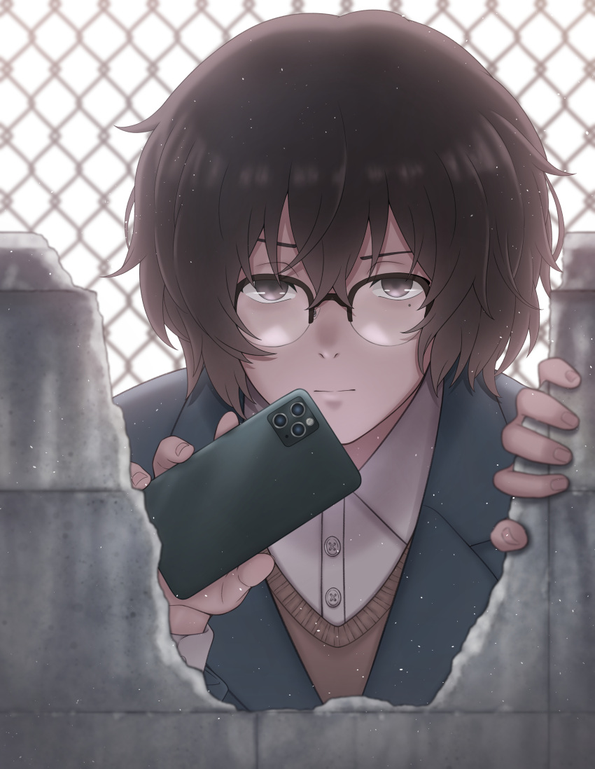 46_crt absurdres androgynous blazer blue_jacket brown_eyes brown_hair brown_sweater_vest chain-link_fence day fence glasses hair_between_eyes highres holding holding_phone jacket looking_at_viewer mole mole_under_eye outdoors phone school_uniform solo sweater_vest