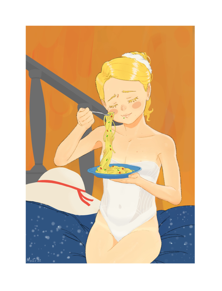belly blonde_hair blush breasts eating food hair_bun highres moitasart one-piece_swimsuit original pasta single_hair_bun small_breasts swimsuit thighs white_one-piece_swimsuit